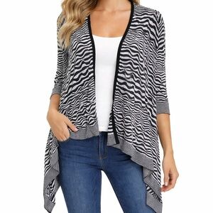 Chico's 0 Small Cardigan Black White Zebra Open Front Short Sleeve Assymetrical